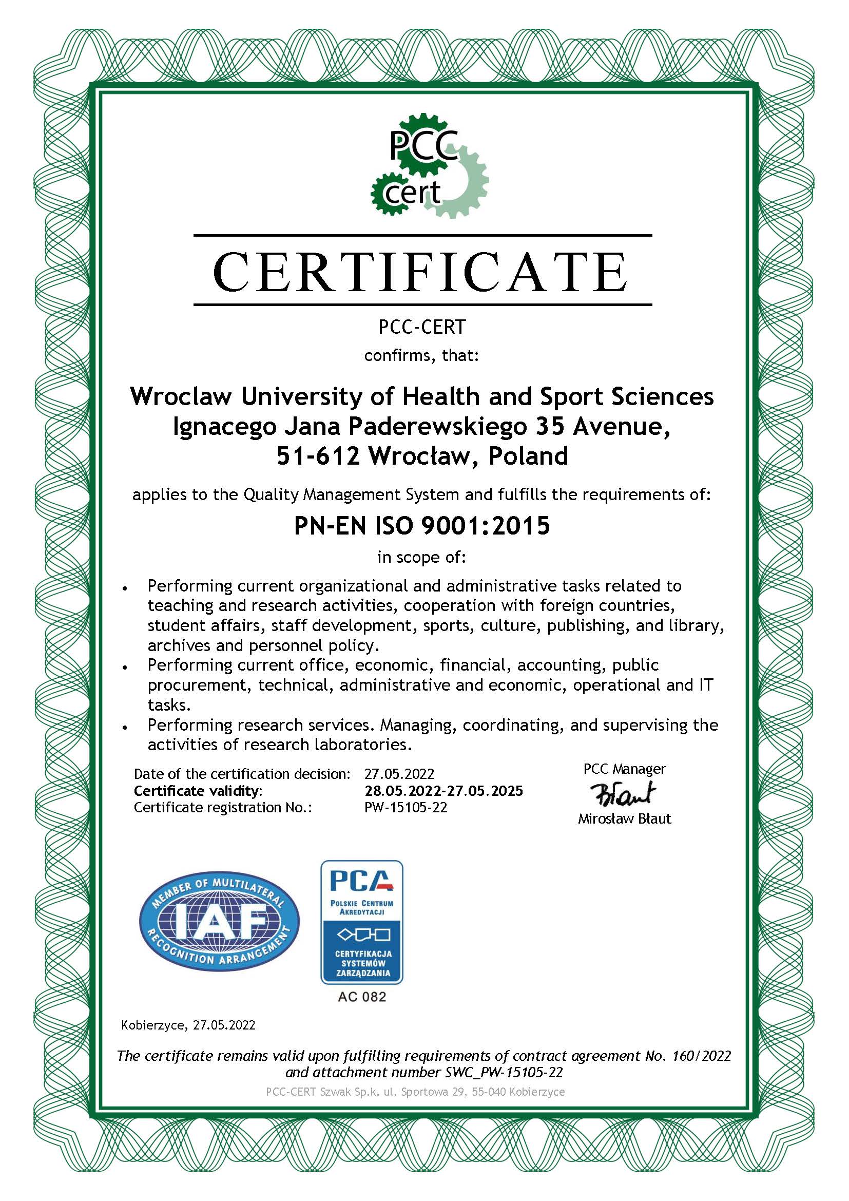 ertificated organization: Wroclaw University of Health and Sport Sciences