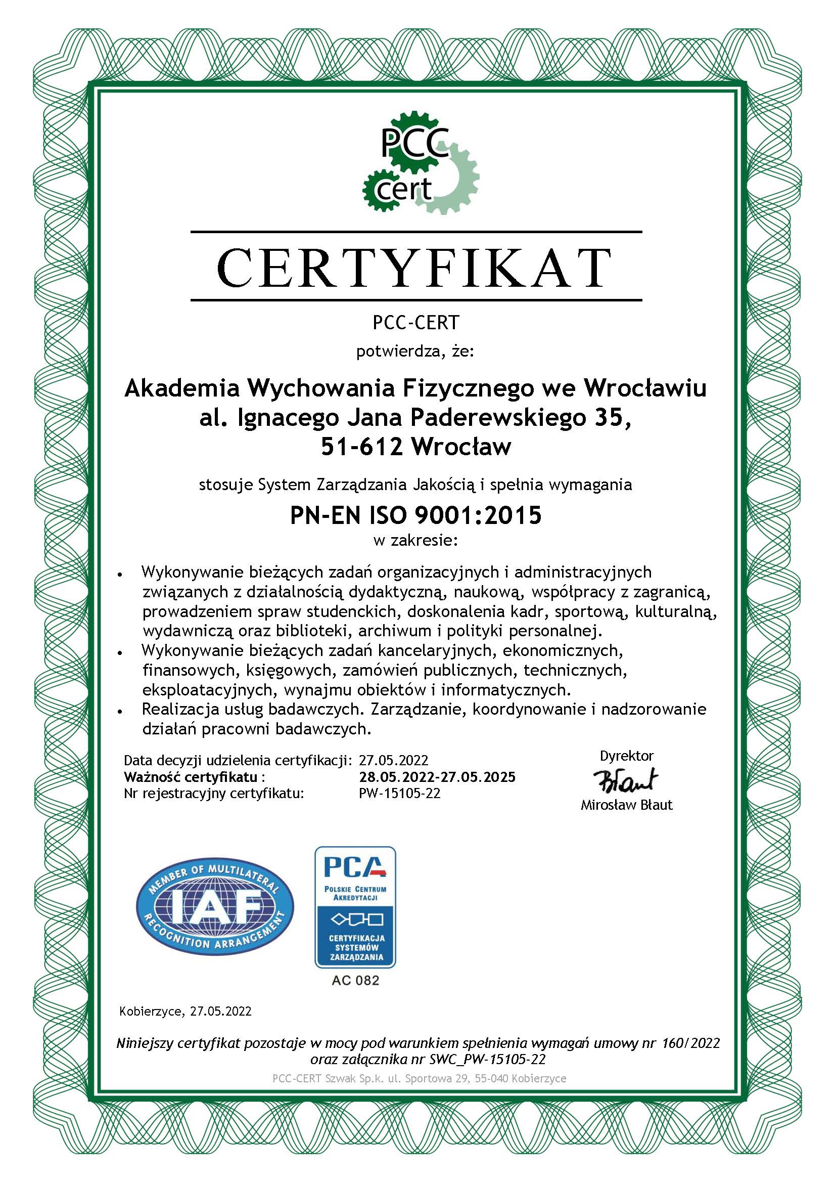 Certyfikat ISO Akademii Wychowania Fizycznego we Wrocławiu